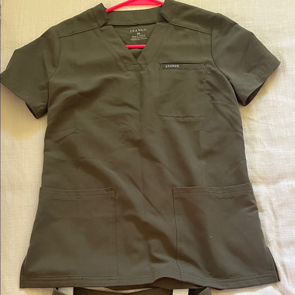 Jaanuu Dark Olive V-Neck Scrub Top & jogger bottoms